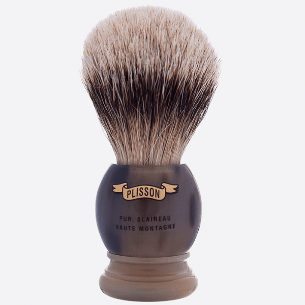 Plisson shaving brush with a real horn handle, bristles white badger mountain