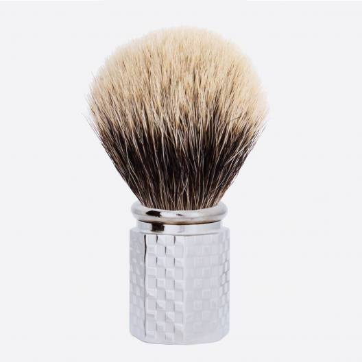 Shaving Brush Octagonal European White - Palladium finish with tile pattern