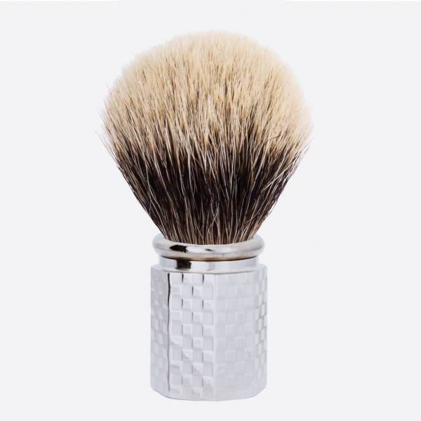 Shaving Brush Octagonal European White - Palladium finish with tile pattern