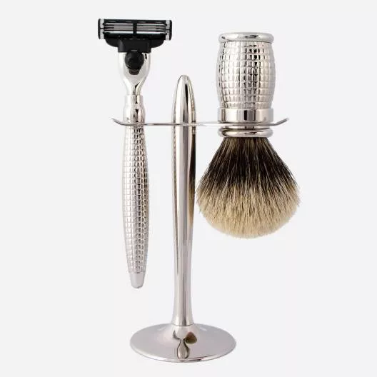 3-Piece Set European Grey Shaving Brush with Stand and Razor Mach3 Palladium Diamond Finish
