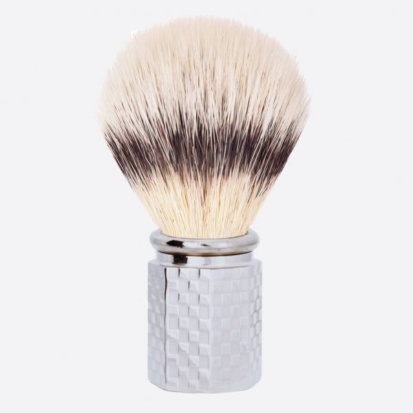 Palladium finish tile pattern Octogonal ‘High Mountain White’ fibre shaving brush - Plisson 1808