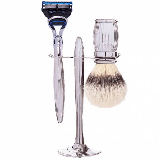 3 piece set: shaving brush, Fusion razor and holder - Godron Palladium Fibre White High Mountain