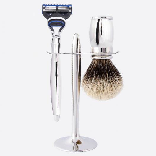 Prestige 3-piece set : Badger Razor and Stand in Palladium finish - Plisson 1808