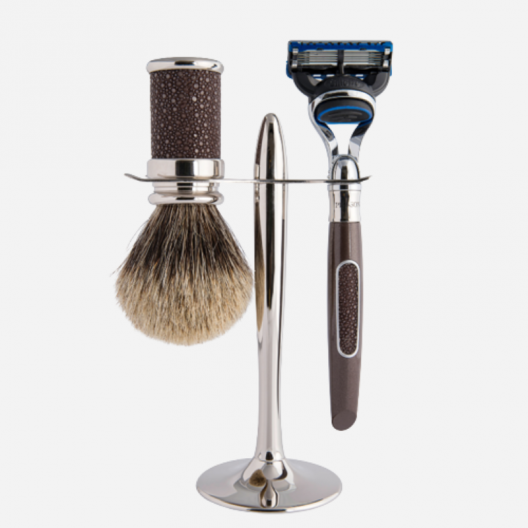 Luxury 3-piece Essential Sport Palladium Set with Stand, Fusion Razor, Brown Shagreen Shaving Brush.