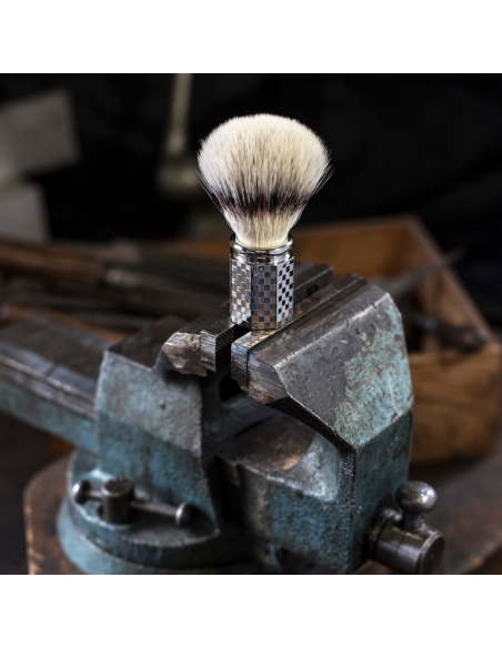 Palladium finish tile pattern Octogonal ‘High Mountain White’ fibre shaving brush - Plisson 1808