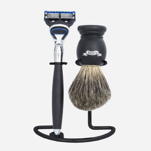Dreiteiliges Rasier-Set aus Buchenholz und Messing – Plisson 1808