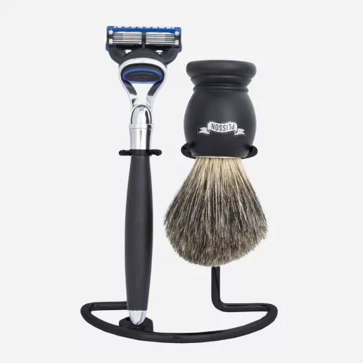 Dreiteiliges Rasier-Set aus Buchenholz und Messing – Plisson 1808