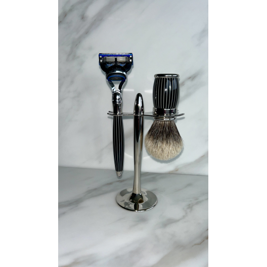 3-teiliges Rasur-Set, lackiert im Retro-Stil, Fusion, europäisches Grau, Chrom-Finish