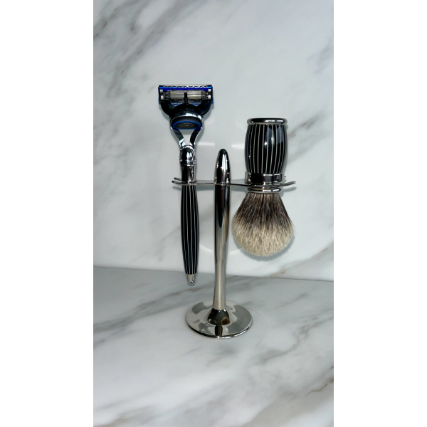 3-teiliges Rasur-Set, lackiert im Retro-Stil, Fusion, europäisches Grau, Chrom-Finish