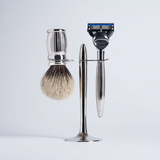Prestige Shaving Brush & Razor Set with Palladium Finish and Stand