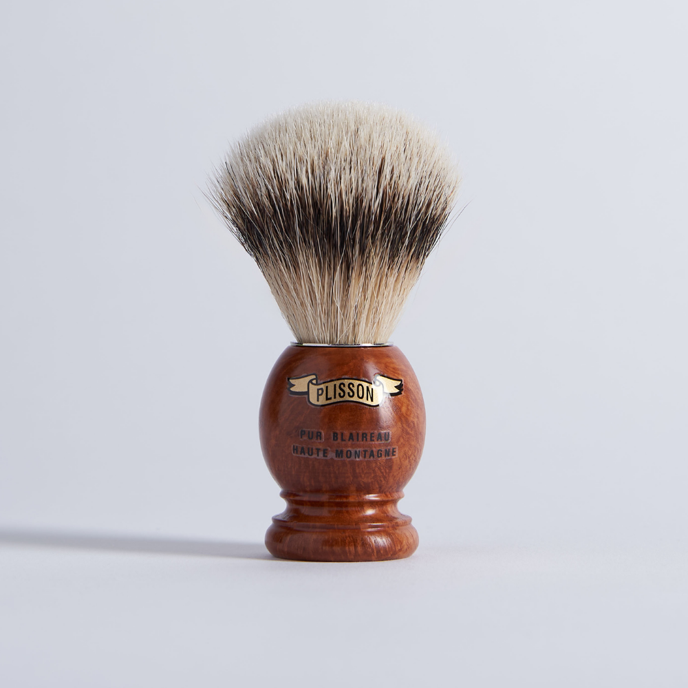 Brocha de Afeitar de Madera de Brezo Tejón Blanco Puro - Plisson 1808