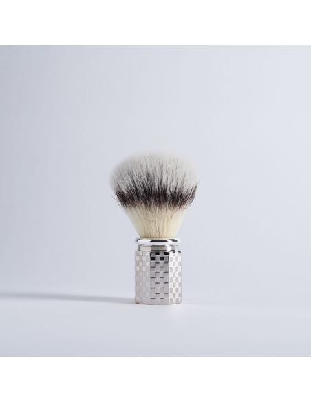 Palladium finish tile pattern Octogonal ‘High Mountain White’ fibre shaving brush - Plisson 1808