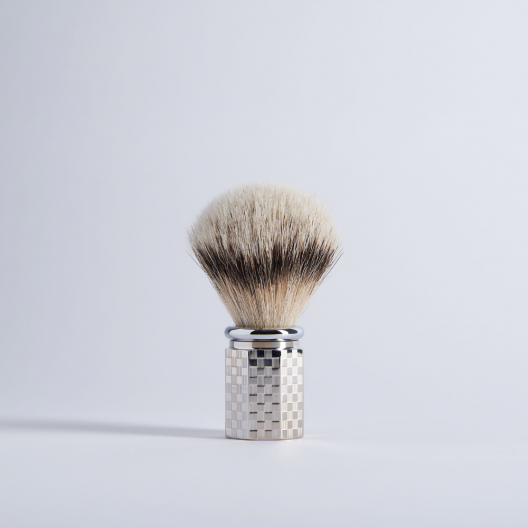 Shaving Brush Octagonal European White - Palladium finish with tile pattern