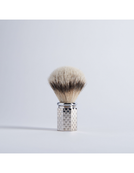 Shaving Brush Octagonal European White - Palladium finish with tile pattern