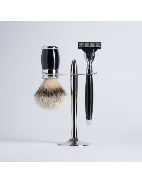 3-Piece Set: Black and White High Mountain Lacquered Mach3 Razor with Chrome Finish
