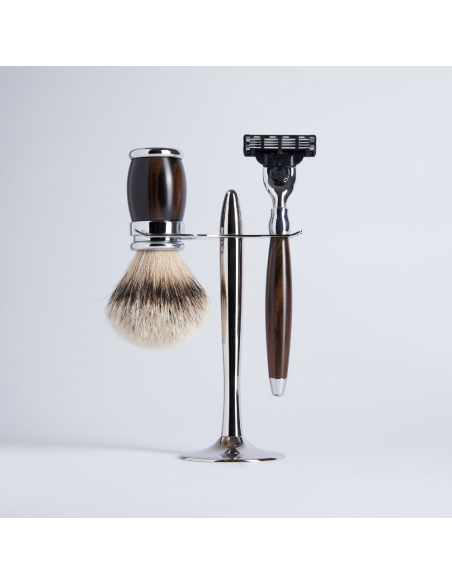 3 Piece Macassar Ebony Set European Grey Hair Mach3 Razor Chrome Finish