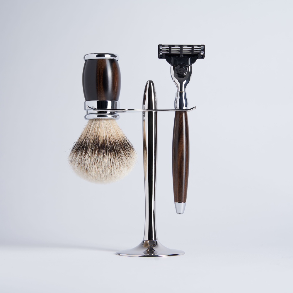 3 Piece Macassar Ebony Set European Grey Hair Mach3 Razor Chrome Finish