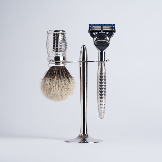 Set de afeitado con brocha y maquinilla de afeitar con acabado de diamante y paladio, con soporte