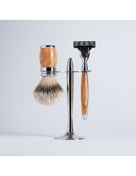 3 Piece Macassar Ebony Set European Grey Hair Mach3 Razor Chrome Finish