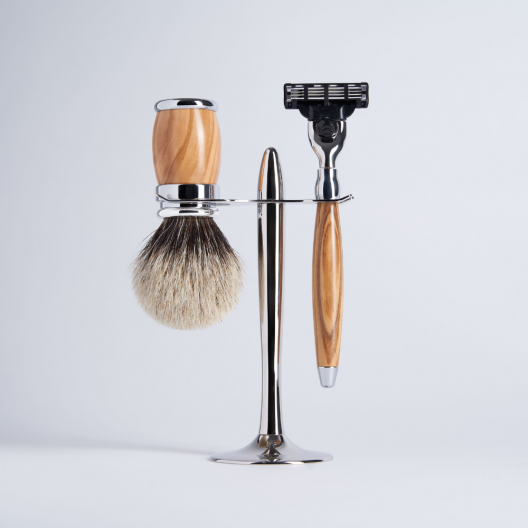 3-teiliges Set Olivenholz mit europäischem Graudachshaar, Mach3-Rasierer, Chrom-Finish