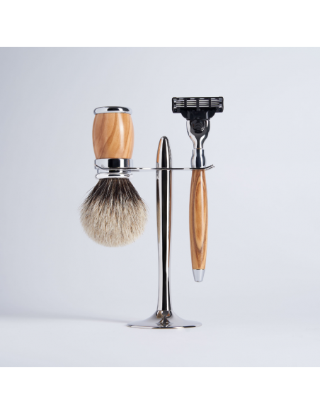 3 Piece Olive Wood Set with European Grey Hair Chrome Finish Mach3 Razor