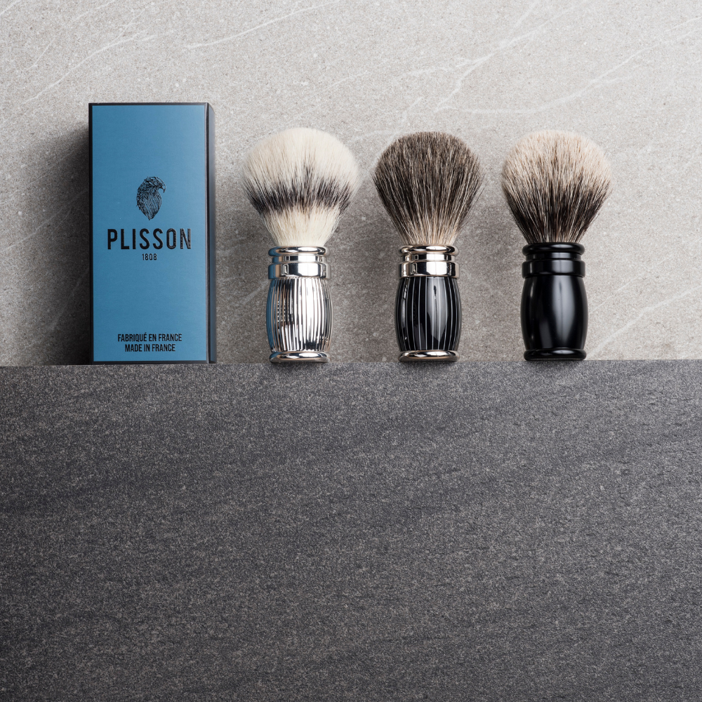 Rasierpinsel Plisson Kunstfaser und Palladium-Finish