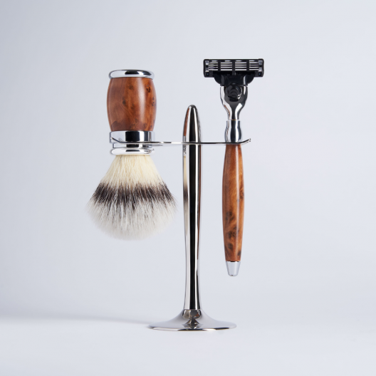 3 Piece Set Thuya Wood "High Mountain White" Fibre Mach3 Razor Chrome